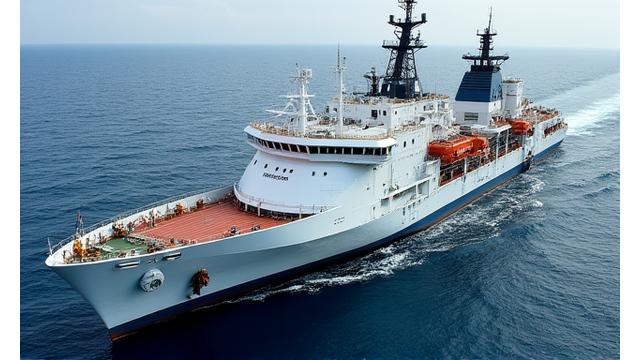 Navire de recherche en mer avec équipements logistiques